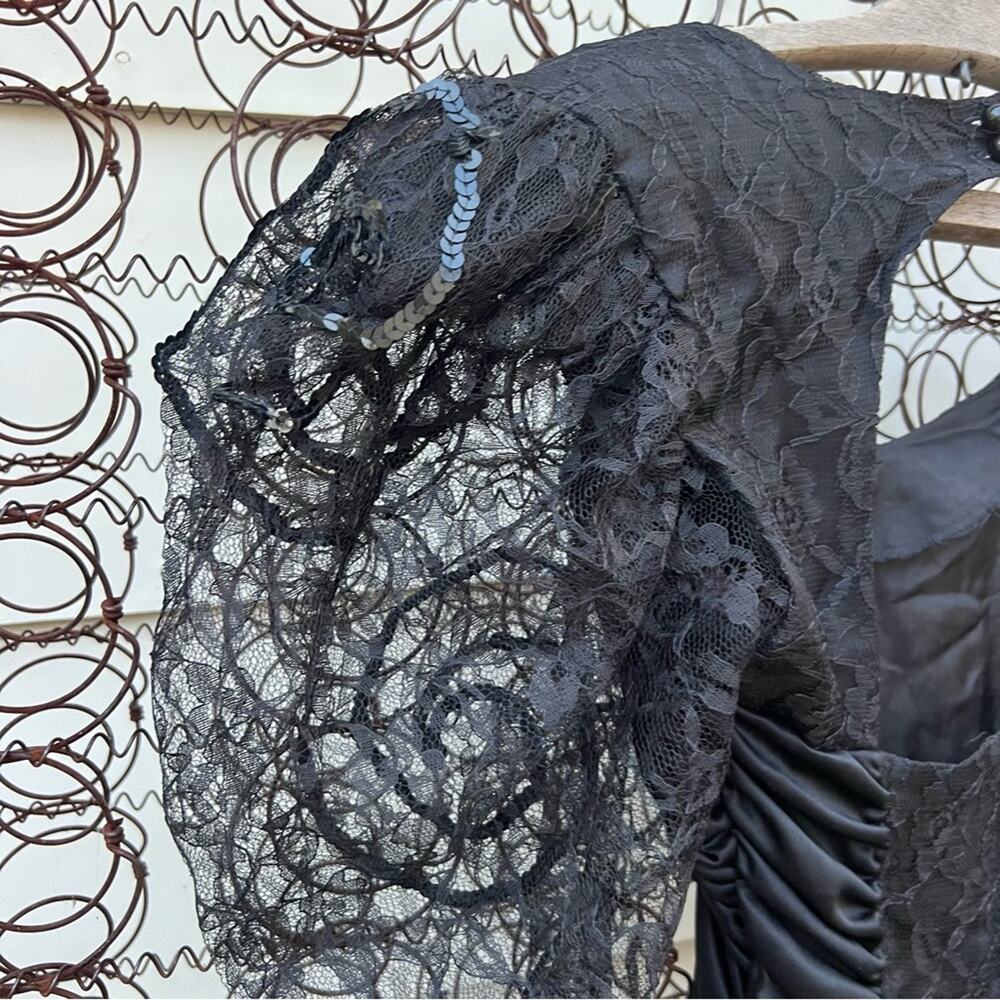 80s Mayvens of California Black Ruched Bodycon Dress Sheer Sequin Puff Sleeve 3 - Picture 3 of 7